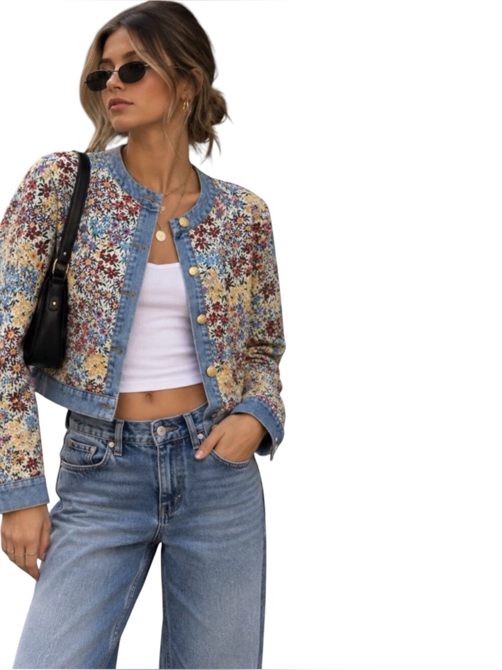 🌸VICI Women’s Painted Petal Floral Denim Fall Jacket W/ Gold Accent Buttons | M